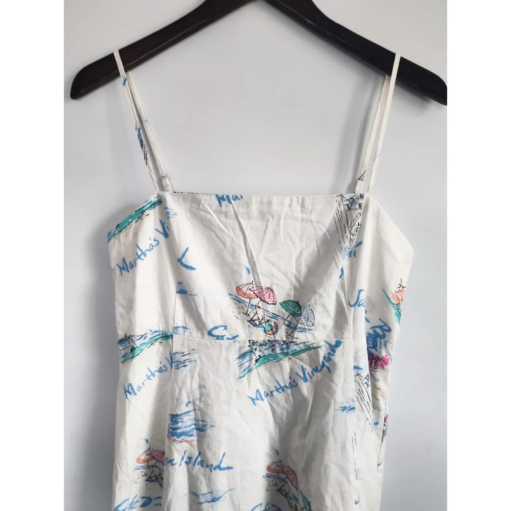 New Gap Dress Medium Fit & Flare Midi Vacationland White Spaghetti Strap Cotton